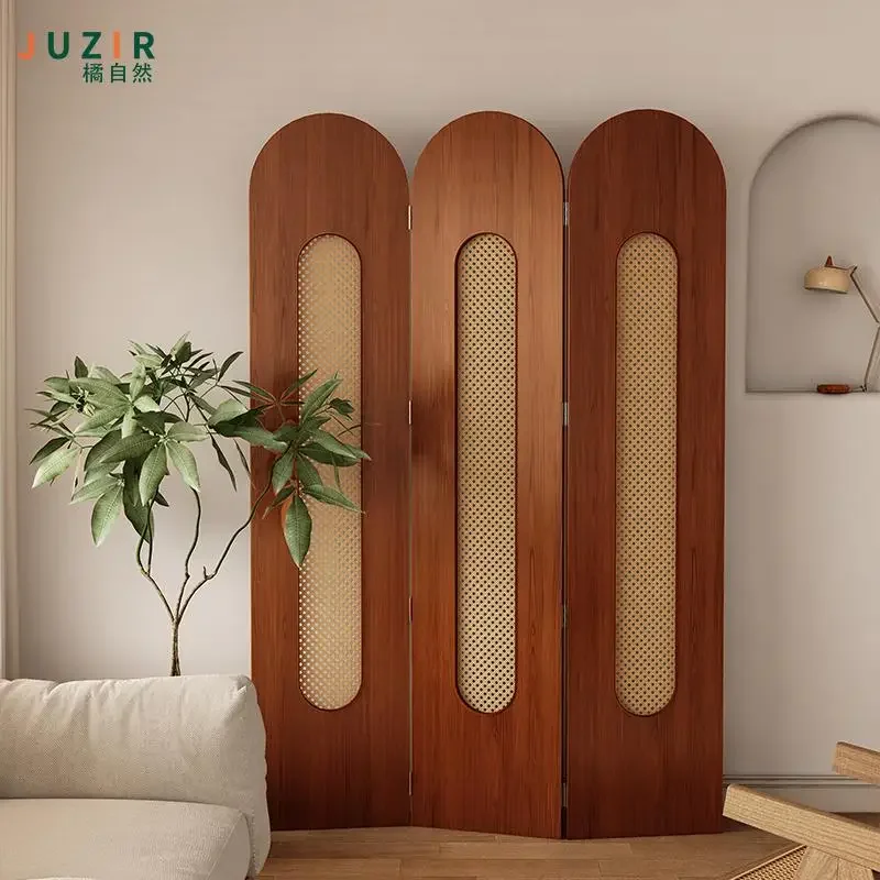 

Orange natural new Chinese medieval screen rattan hollow folding screen sofa background wall partition wall porch occlusion