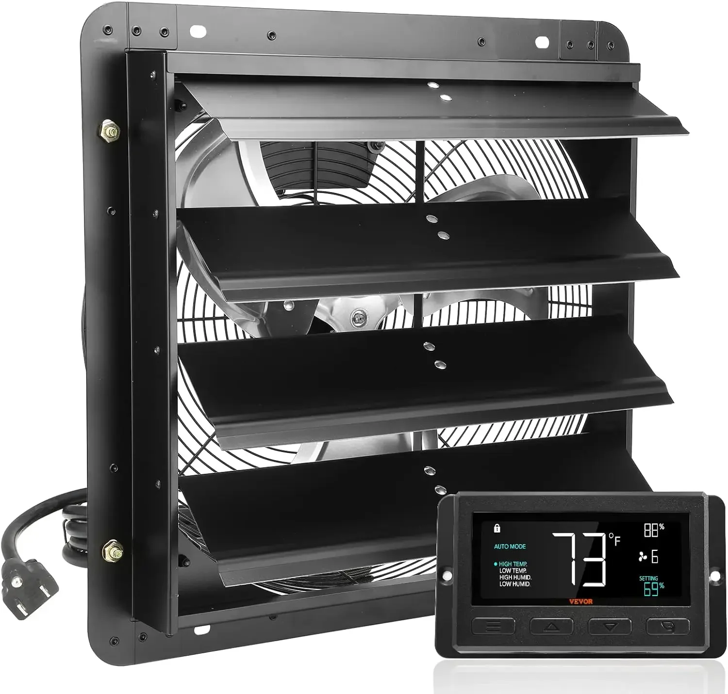 

16'' Shutter Exhaust Fan, Temperature and Humidity Controls, 18.9 x 18.9 inch, 2650 CFM, ETL Listed, 120V/60Hz, 70W, Black