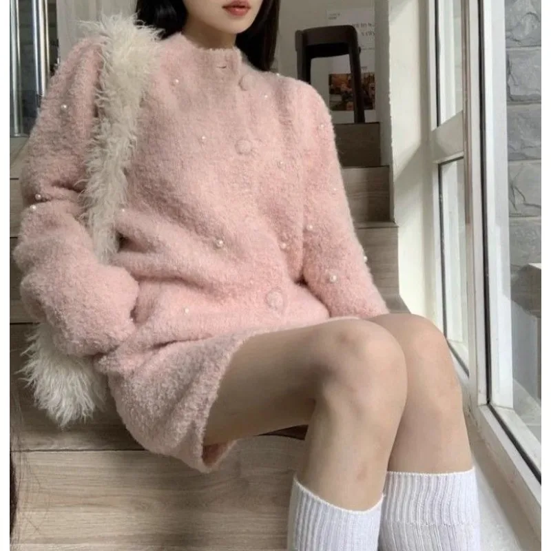 Korean Drama Wear Pink Xiaoxiangfeng Sweater Set Skirt Women's Advanced Sense Age Reduction Sweet Milk Good Two-piece Set