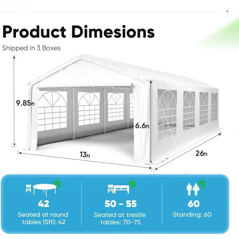 Party Tent Outdoor Heavy Duty Gazebo Wedding Tent White Canopy Carport  with 8 Removable Sidewall Windows & Storage Bags