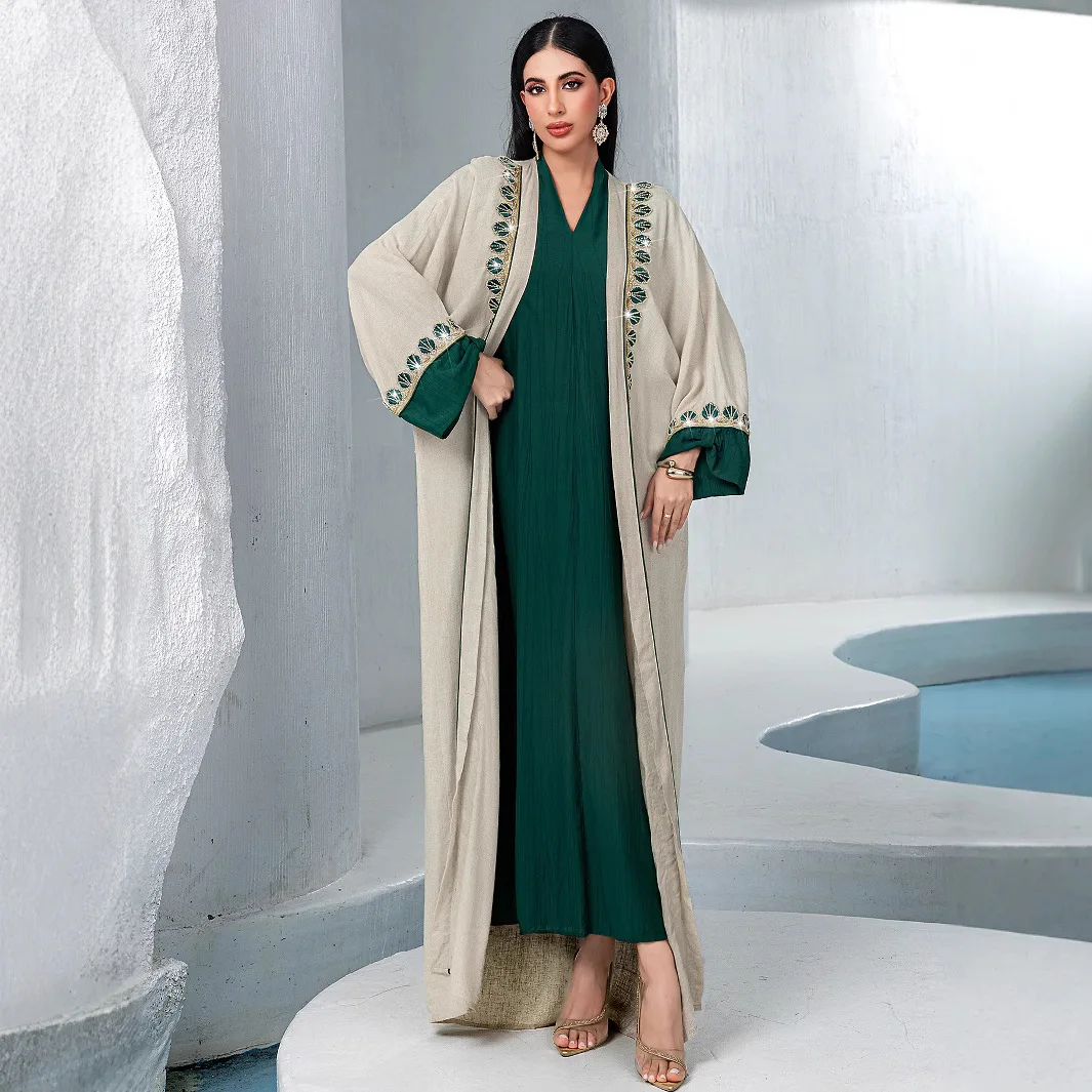 

Muslim 2026 New Fashion Women's Green Apricot Color-coded Lace Spliced Elegant Casual Trendy Daily 2 Pieces Sets Abaya Dresses
