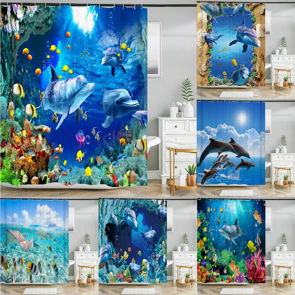 

Shower Curtain Ocean Underwater World Cheerful Dolphin 3D Printing Bathroom Curtain Polyester Waterproof Home Decoration Curtain