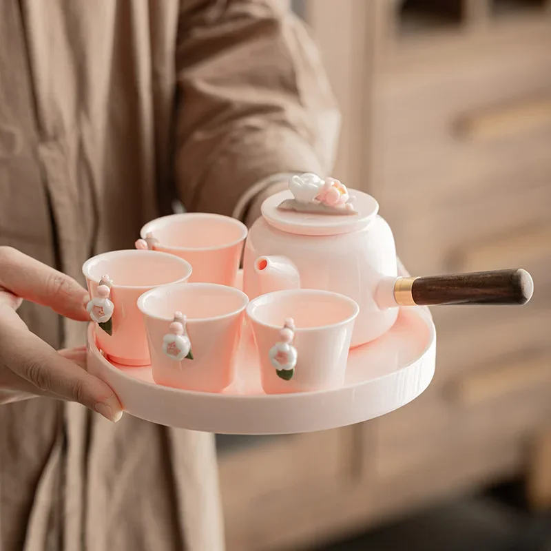 Handmade Pollen Clay Side Handle Teapot, One Pot Four Cups, Ladies Teapot, Teacup Teaset Gift Chinese Ceramic Kung Fu Tea Set