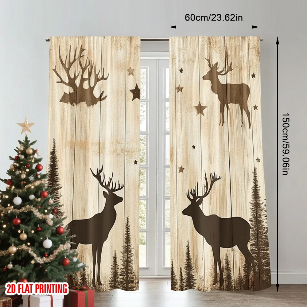 2pcs 2D flat printing Merry Christmas Scene Curtains Forest Deer Stars Vintage Wood (2) 100% Polyester Without Electricity