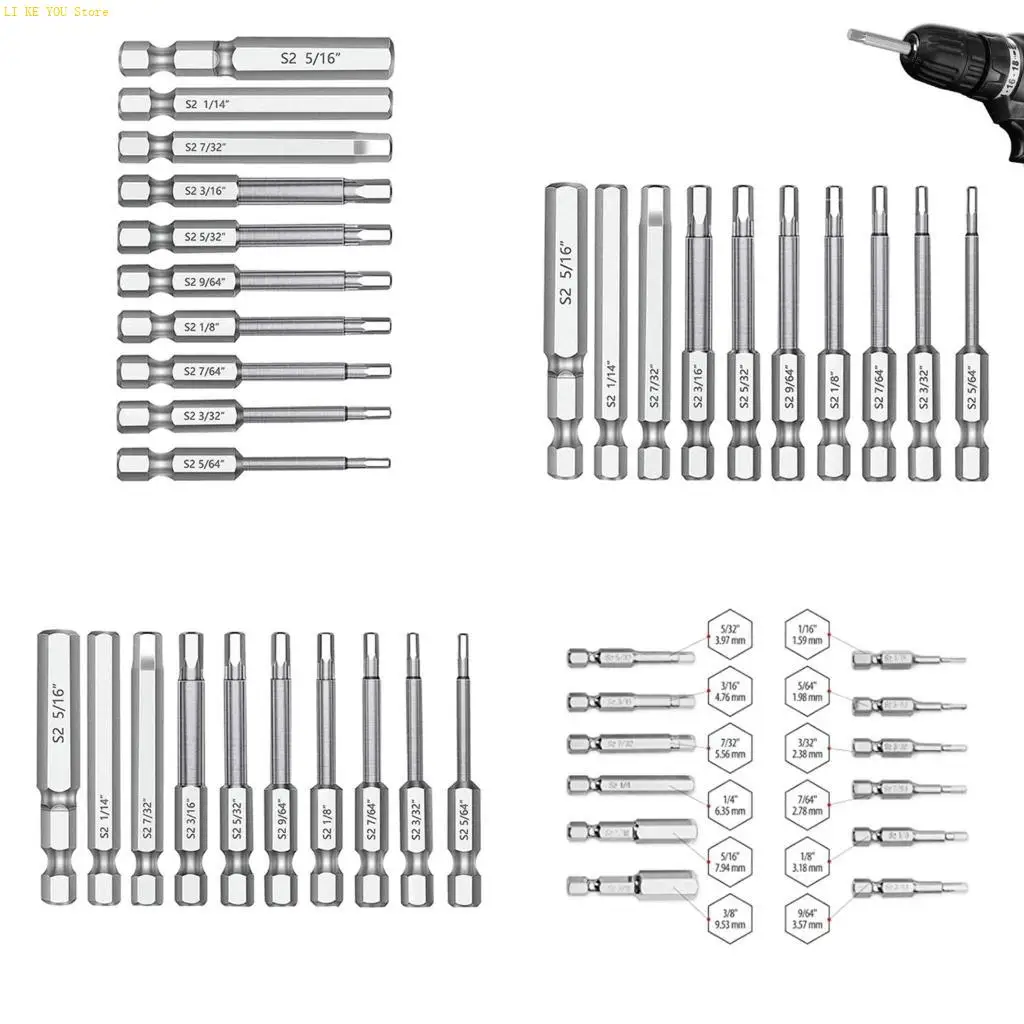 W3JE Professional Grade 10PCS Screwdriver Bits Set S2Alloy Steel 5/32 3/16 7/32 1/4 5/16 5/64 3/32 7/64 1/8 9/64