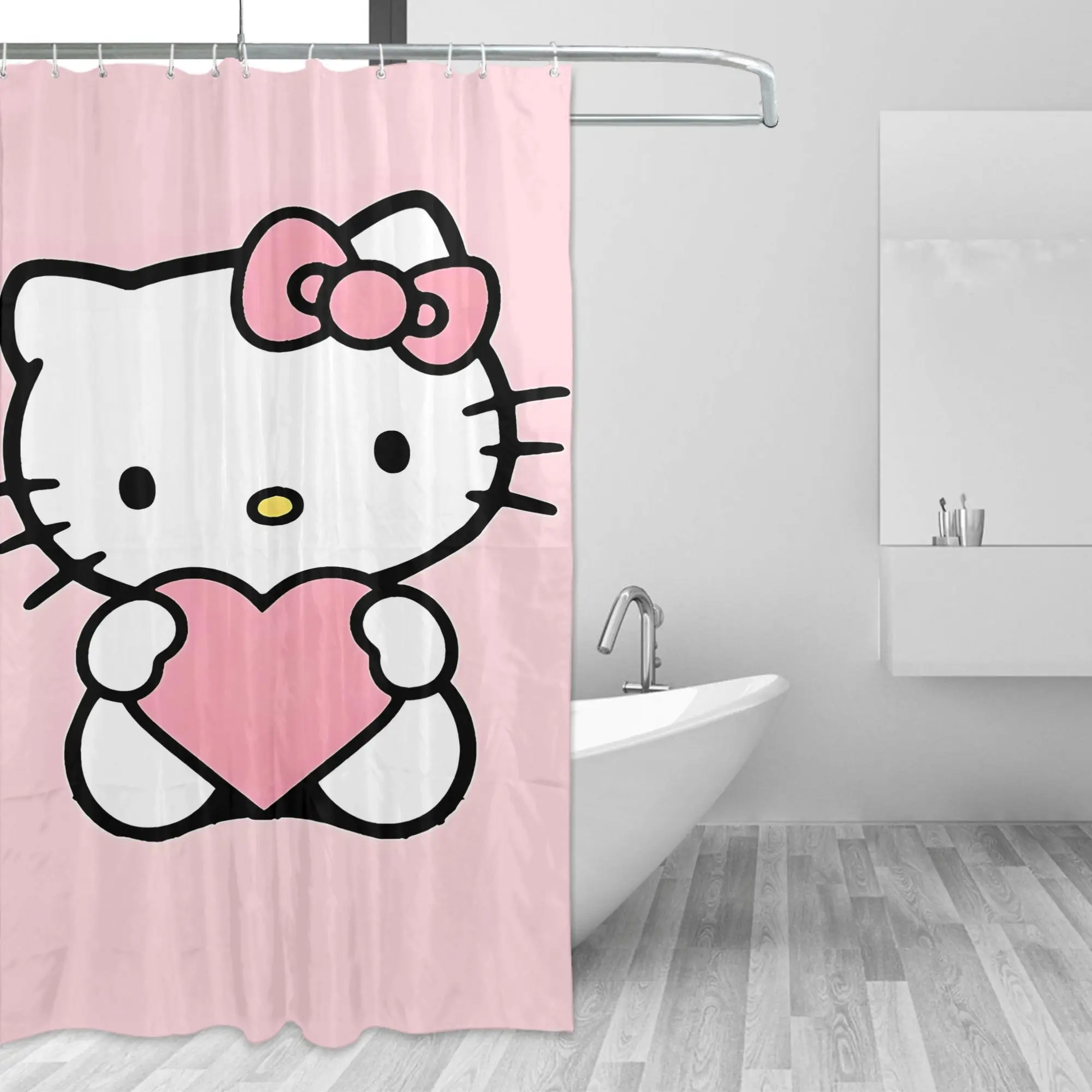 

A Pink Hello Kitty Stylish Shower Curtain Creates a Warm And Nostalgic Bathroom Space, Suitable for Small Bathrooms, Bathroom