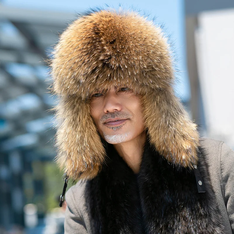 

Winter Russia Style Ushanka Trapper Hat Men Windproof Real Leather Hat Aviator Raccoon Fox Hats With Fur Ear Flap