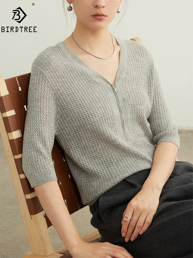 BirdTree, 32.4% Wool Elegant Half Sleeve Sweaters, Women V-Neck Zipper Twisted, Fashion Casual Sweater, Autumn Winter T47852QM