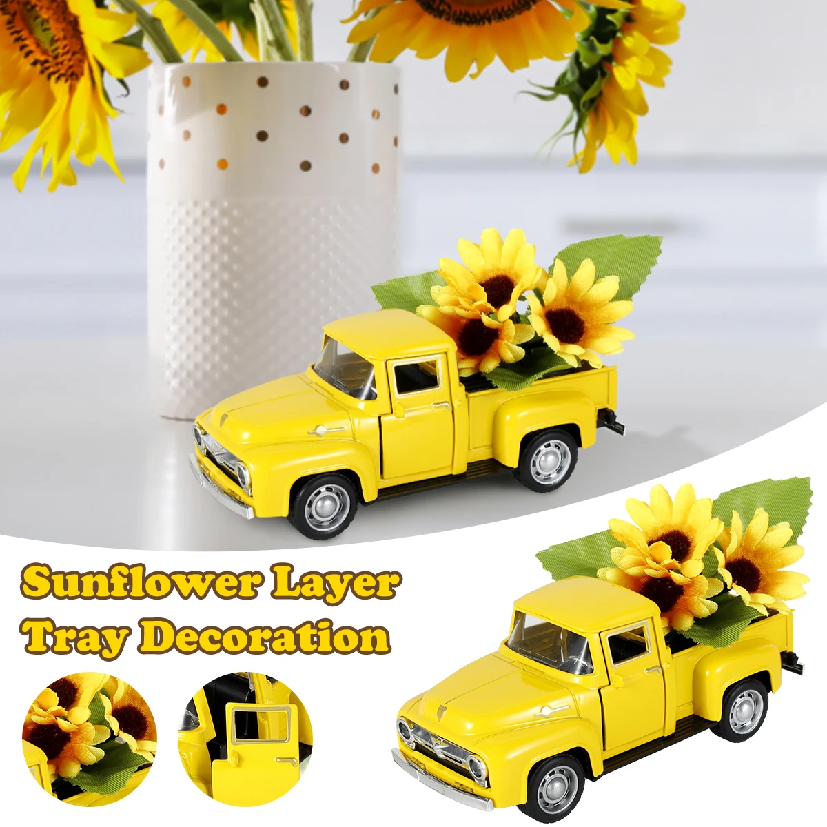 

Sunflower Metal Truck Yellow Mini Metal Truck Décor with Artificial Flower Vintage Farmhouse Table Décor Cute Kitchen Bookshelf