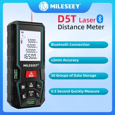 Mileseey 블루투스 레이저 거리 측정기, UZ D5T, 스피릿 레벨 버블 2 개 포함 거리 계량기, 레이저 테이프 측정 ± 2mm 정확도