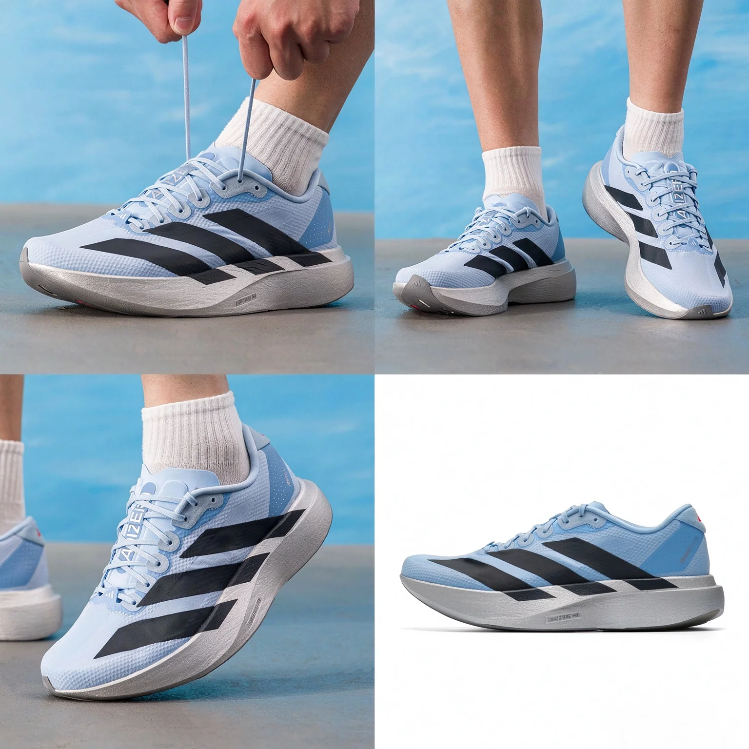 Adidas KI1491 Men Women Running Shoes Light Blue Black Mesh Breathable Lightweight Sneakers