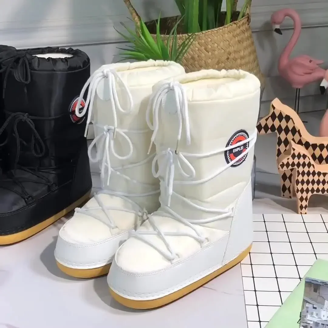 Botas de esquí de media pantorrilla para mujer, zapatos de nieve impermeables, zapatos de plataforma de tacón plano, zapatos de algodón cálidos, botas de algodón antideslizantes, nuevo, Invierno