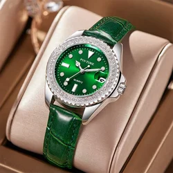 Reloj PINTIME para mujer, correa de cuero verde ágata Vintage, esfera de diamante, calendario luminoso resistente al agua, reloj de pulsera de cuarzo, relojes