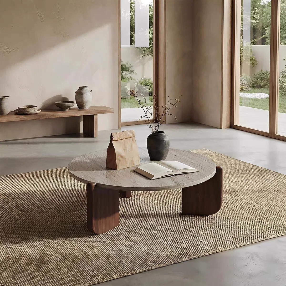 60x37CM Minimalist  Solid Wood Cave Stone Coffee Tea Table Traditional Design Small Spaces-for Living Room Circular Balcony DDP