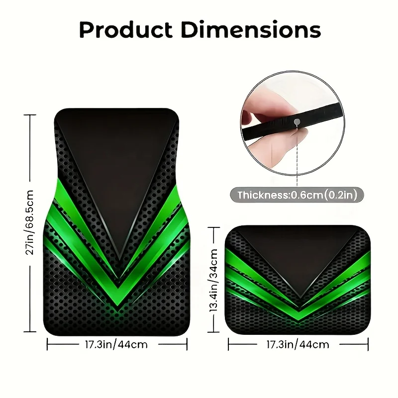 4pcs Black Green Metallic Geometric Car Floor Mats, Sports Mecha Style Durable Non-Slip Universal Fit For Cars Trucks And SUVs -