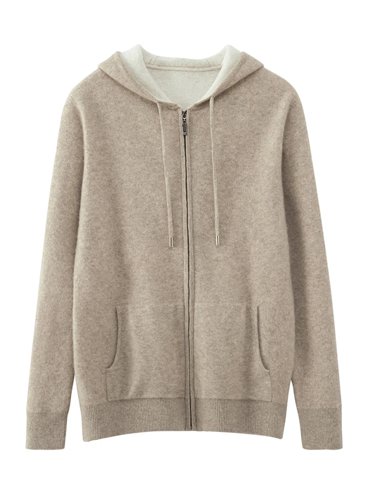 Kardigan Berkerudung Ritsleting Pria 100% Pakaian Rajut Wol Merino Sweter Hangat Lembut Tebal Sweter Kasual Musim Gugur Musim Dingin Pakaian Uniseks