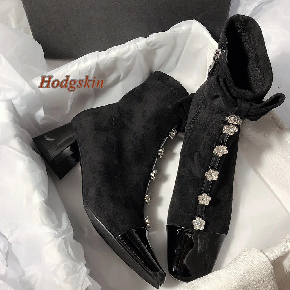 

2025 New Arrivals Fashion Casual Boots Side Zipper Butterfly Knot Boots Crystal Mid Calf Square Toe Women Chunky Heel Boots