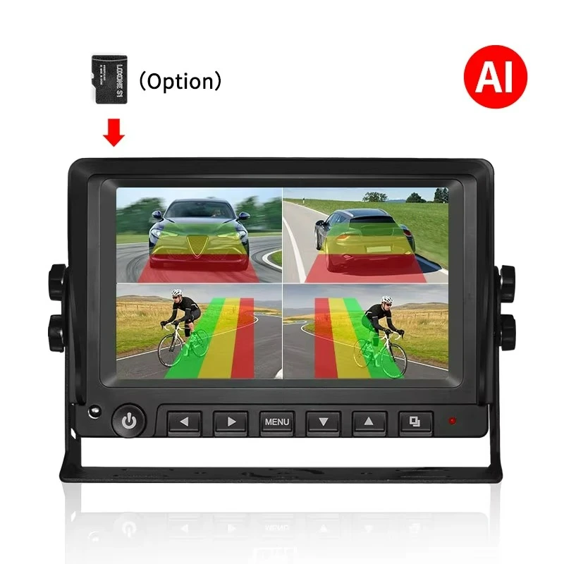 

Quad View 4 Ways 7" AHD Rear Side View Blind Spot Detection Monitor IPS HD DVR Reverse Sensor AI Monitor for Truck