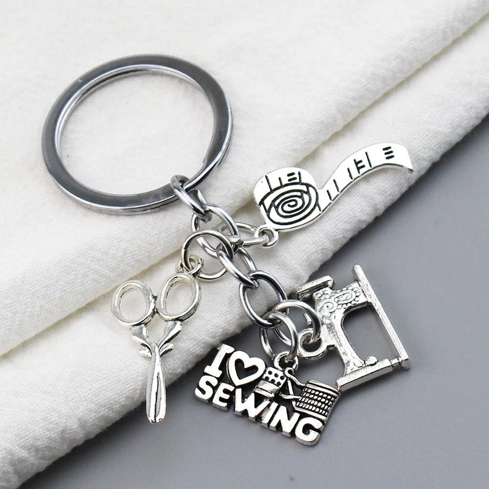 New Sewing Machine Keychain Tailor Key Ring Iron Tape Measure Letter Pendant Key Chain Women\'s Gift DIY Jewelry Handmade