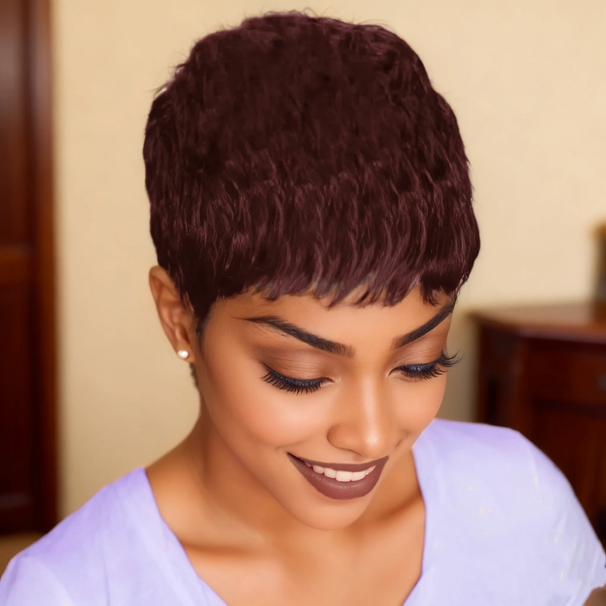 女性用ショートレイヤードピクシーカット人毛ウィッグ ストレートフルマシンメイドウィッグ