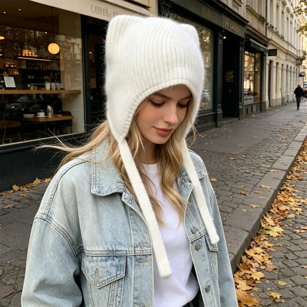 Warm Knitted Hat for Women Women’s Cat Ear Hat Knitted Ear Flap Winter Cap Cute Warm Brimless Skiing Outdoor Headwear Cute Cat