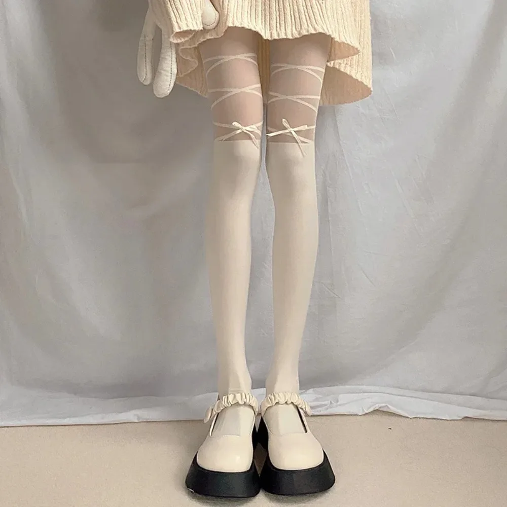 Thin Fishnet Socks Sexy Bowknot Straps Bottoming Maid Stockings Long Tube Long Tights Socks Loli