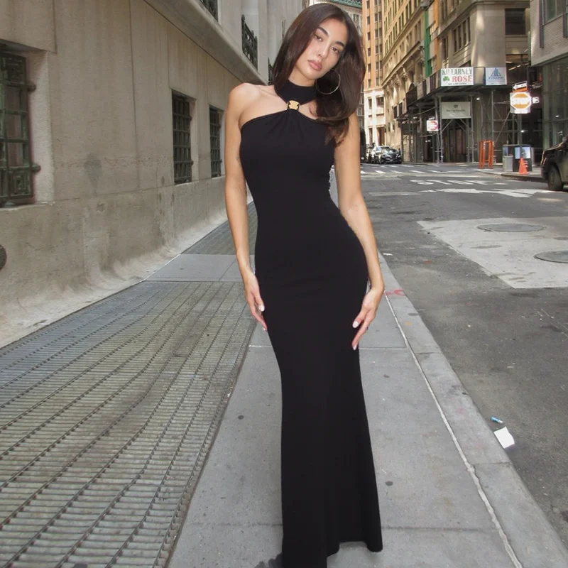 Women's summer dress 2025 new in Simple Elegant party Evening sleeveless black maxi robe bodycon Halter neck Slit long dresses