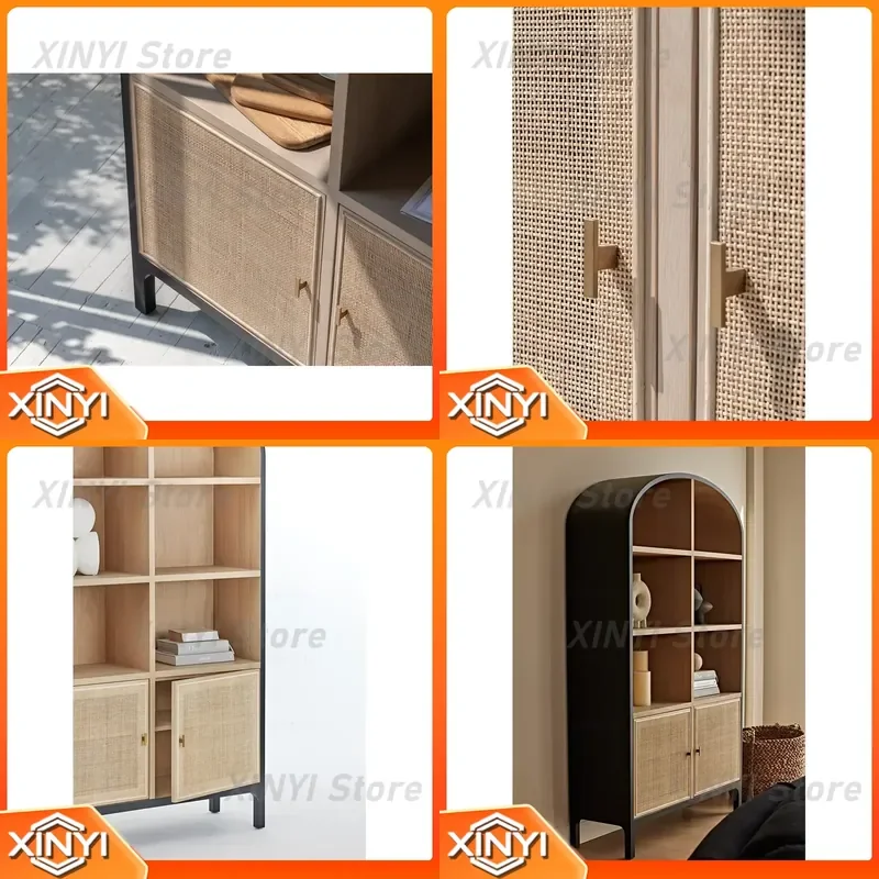 for Custom Antique Boho House Organic Oak Rattan Bookcase for Living Room Corner Arched Storage Cabinet Rattan Furniture