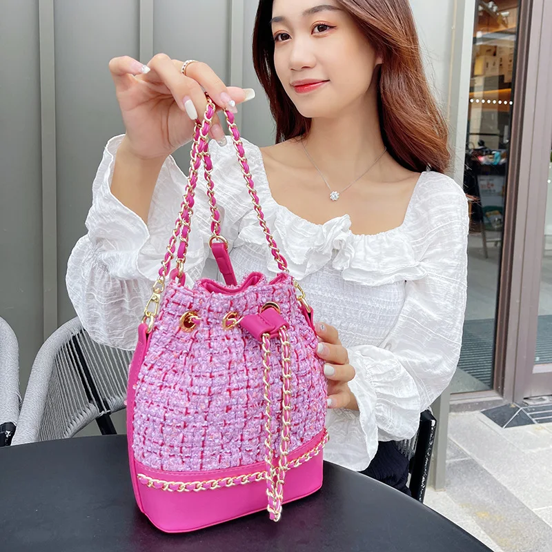 Luxury Designer Handbag New Style Tweed Bucket Bag Women\'s Version of the Rhombus Chain Bag One Shoulder Cross-shoulder Purse