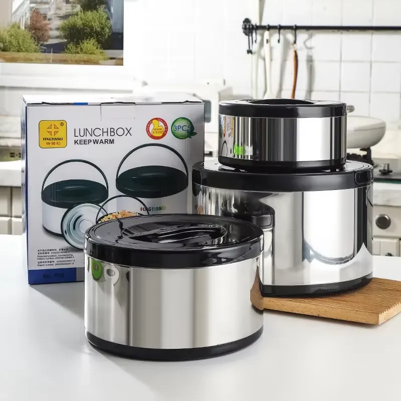 3 Piece Stainless Steel Insulated Food Container Set 2L 4L 8L With Handle Thermal Lunch Box Pot For Kitchen Storage And