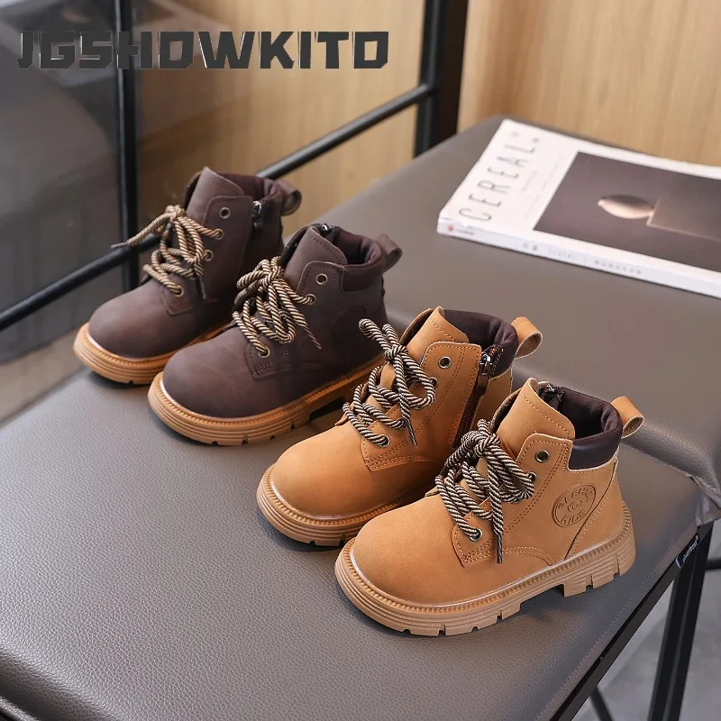 JGSHOWKITO Boys Fashion Boots Kids Unisex Ankle High Boots Side Zipper with Cross Tied Decoration Girls Short Boots Classic New