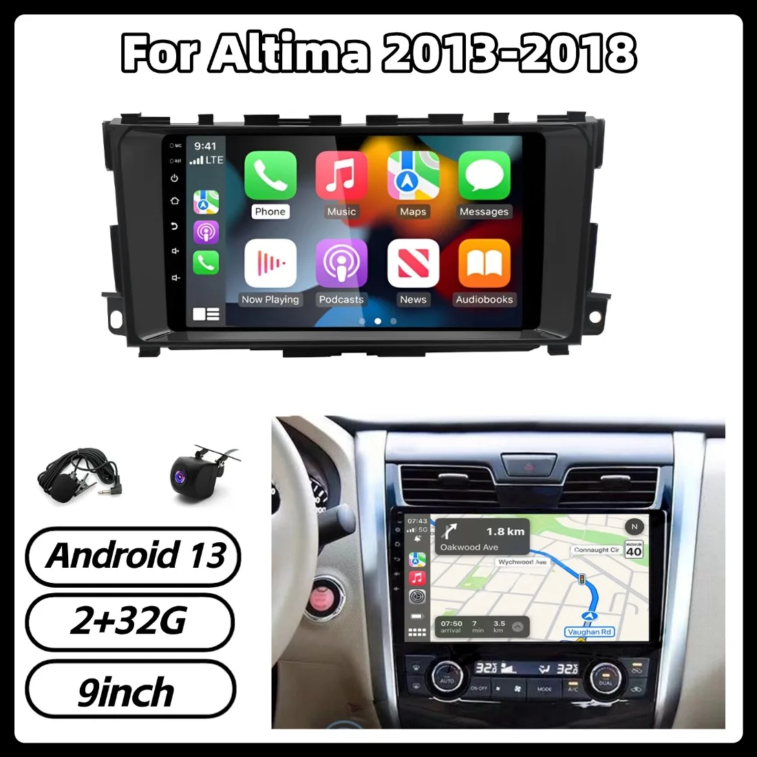 

9-дюймовая автомагнитола 2+32 ГБ с GPS-навигацией для Altima 2013-2018, Android 13, Bluetooth, Wi-Fi, автомобильные аксессуары
