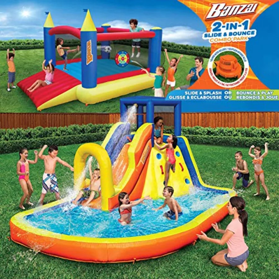 

Inflatable 13' water slide park plus 12' bounce house 2-in-1 value pack for backyard use heavy-duty PVC material blue and yello