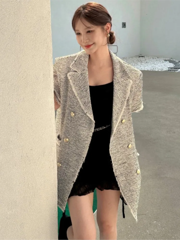 

Office Lady Tweed Dress for Woman Elegant French Short Sleeves Turn Down Collar Double Breasted Mini Dresses Korean New Vestidos
