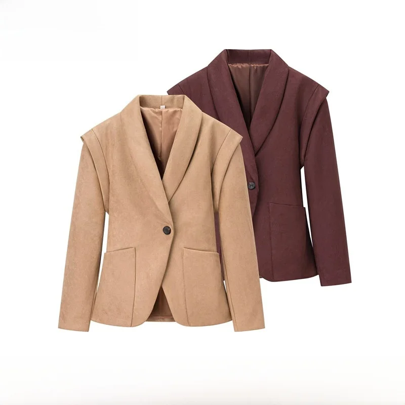 

Faionable mat V-Ne Suede Single Button Suit Jaet Women's New Arrival Autumn Season Polyester Fiber Warm Long Sve