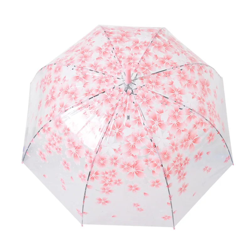 Transparent umbrella printed vfor women, sunny umbrella, straight pole, arched hook