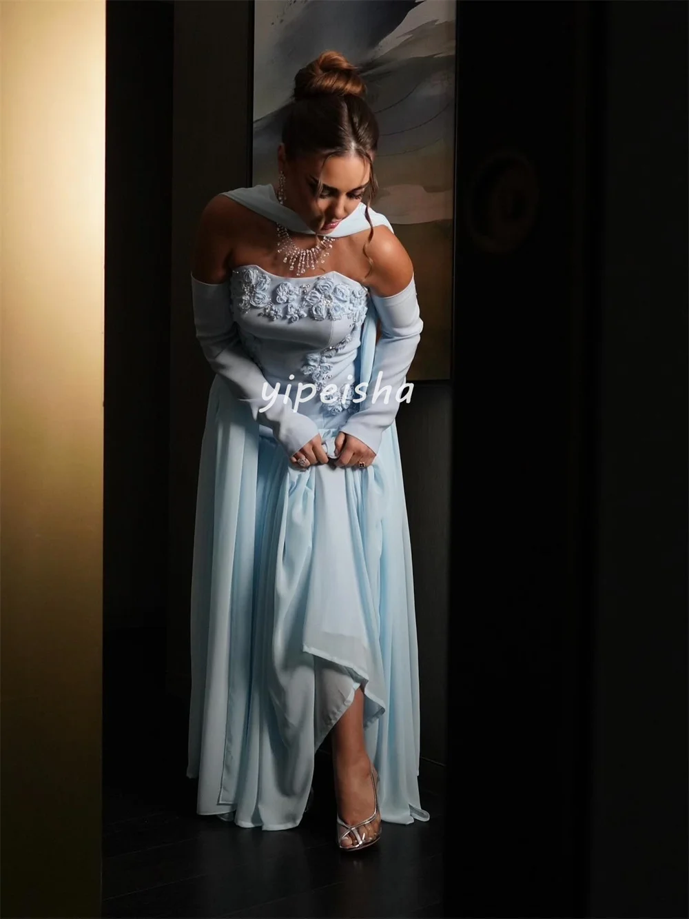 Customized High Quality Classic Chiffon Handmade Flower Beading Straight Strapless Long Dresses Bespoke Occasion Dresses Formal