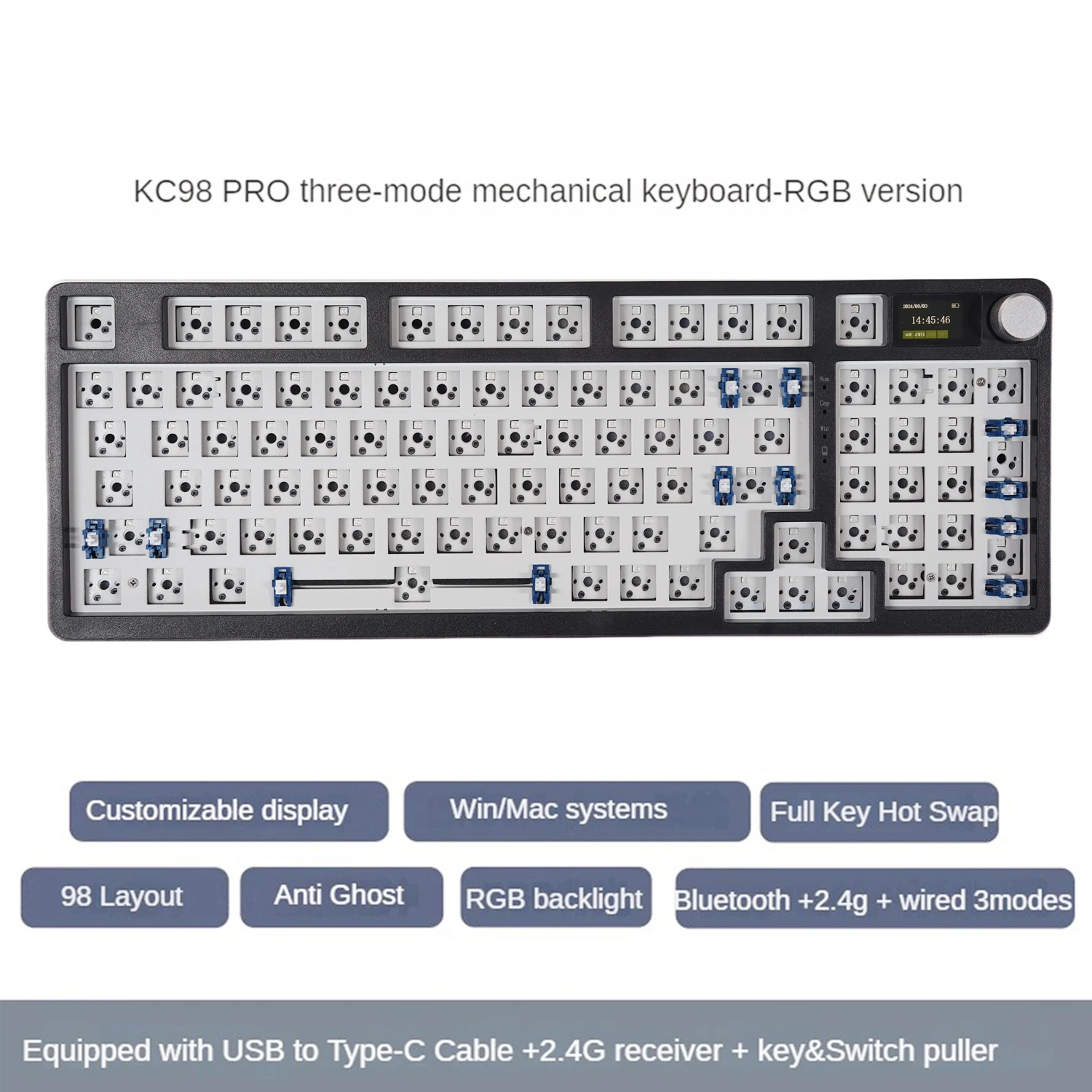 Mathew Tech KC98 ProThree Mode Mechanical Keyboard Barebone Classic 98% Layout Hot Swap RGB Gaming Keyboard DIY Kit with Display