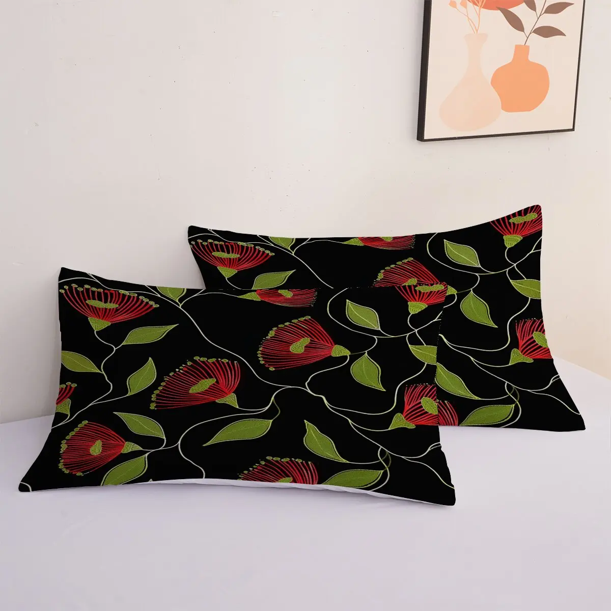 Red plant flowers  Down comforter set large size  Green plant leaves  Room decoration bedding set