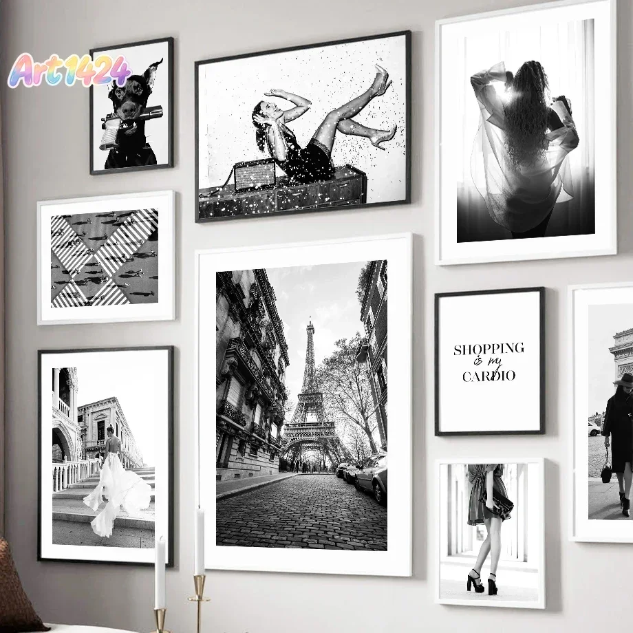 Paris Tower Fashion Girl Star Dog Black White Photos Posters Wall Art Canvas Prints Painting Picture for Living Room Home Decor