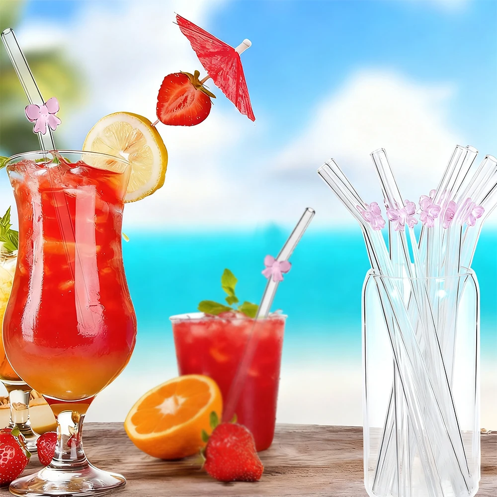 مجموعة قش زجاجية شفافة مكونة من 6 قطع، مقاومة للكسر مع لمسات فيونكة وردية ساحرة، قابلة لإعادة الاستخدام للعصائر والحليب والشاي والي