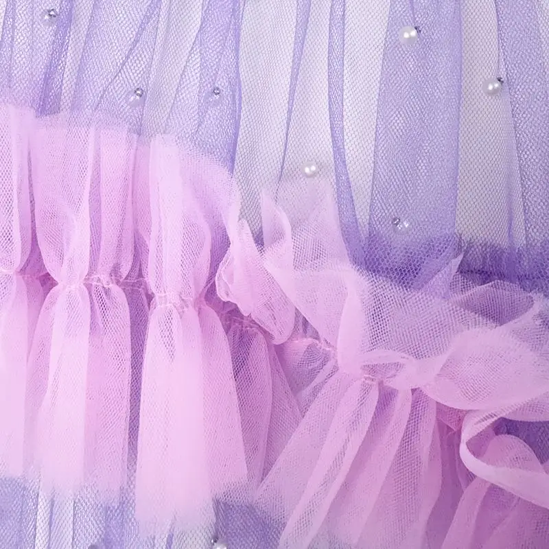 女性ピンクパープルコントラストカラーレーススプライシングフリルエッジ Tシャツメッシュパッチワーク蓮真珠ビーズ Tシャツガーゼプリーツドレス