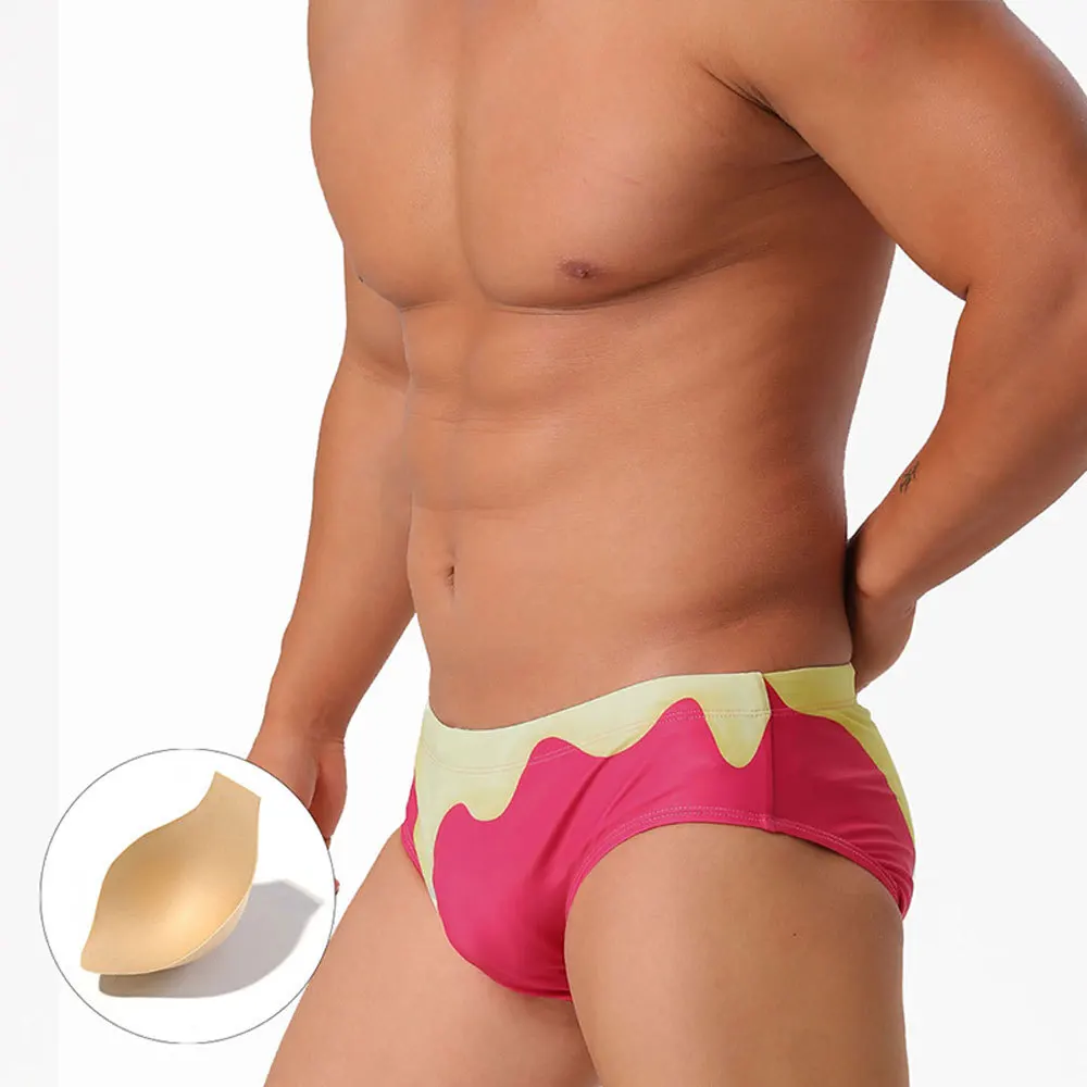 2026 Men's Gradient Printed Triangular Swimming Trunks Sexy Beach Shorts Sexy Quick Drying Boxer Swim Briefs Bikini Bathing Suit