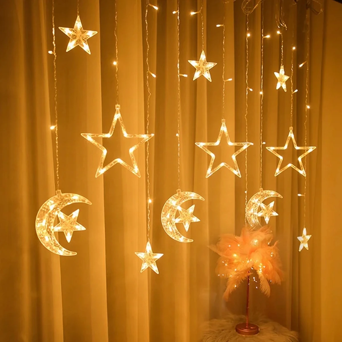 Eid Moon Star Curtain Garland Led String Light Ramadan Decoration Islam Muslim Party Decor Eid Al Adha Gift Eid Mubarak