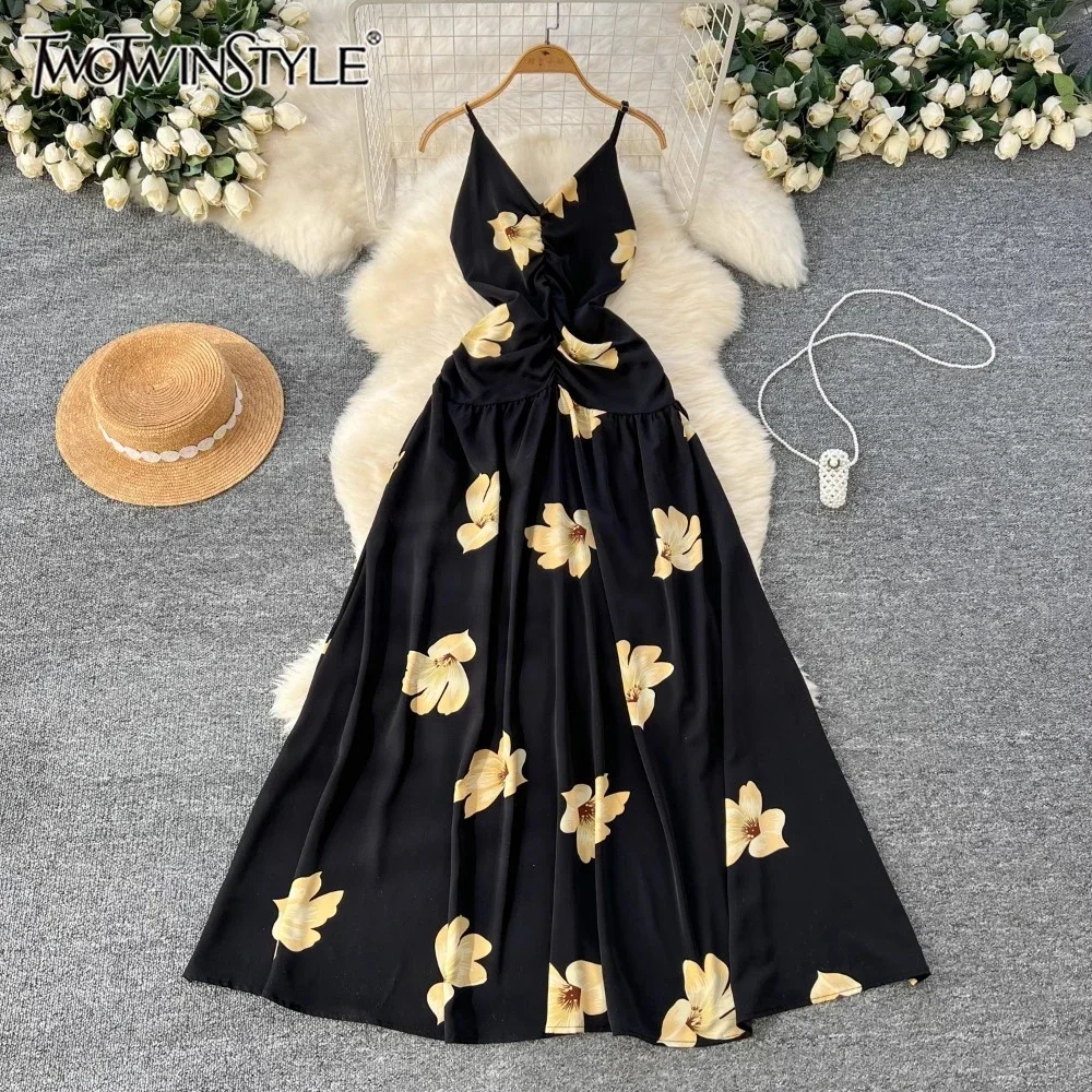 

TWOTWINSTYLE New Floral Printted Chic Dress For Women V Neck Sleeveless High Waist Temperament Dress Female Fashion KDR523817