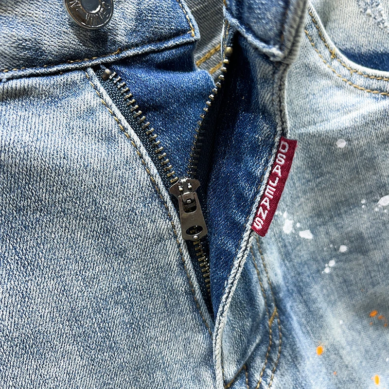 Jean Déchiré pour Homme, Short en Denim, Slim Fit, Peint, Hip Hop, Bleu Clair, Créateur Rétro, Mode de Rue, Été