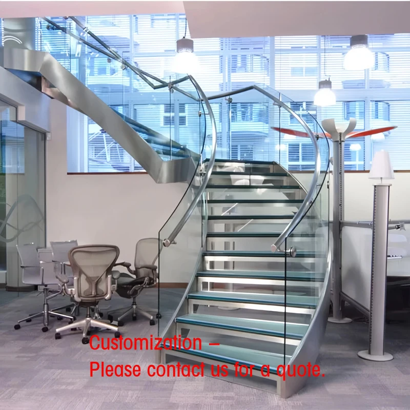 custom.Luxury Indoor Curved Staircase Glass Stairs with Stainless Steel Round Balustrade Curved Railing