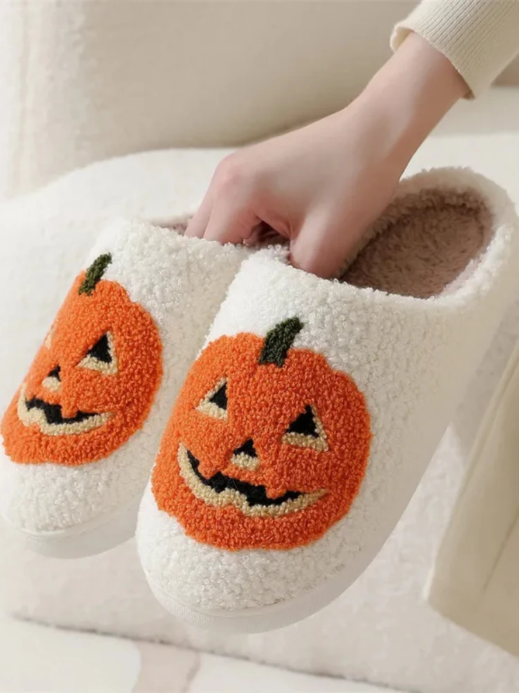 Autumn New Halloween Festival Slippers Women Pumpkin Spooky Slides Soft Plush Fuzzy Slippers Female Indoor Outdoor Shoes Lady