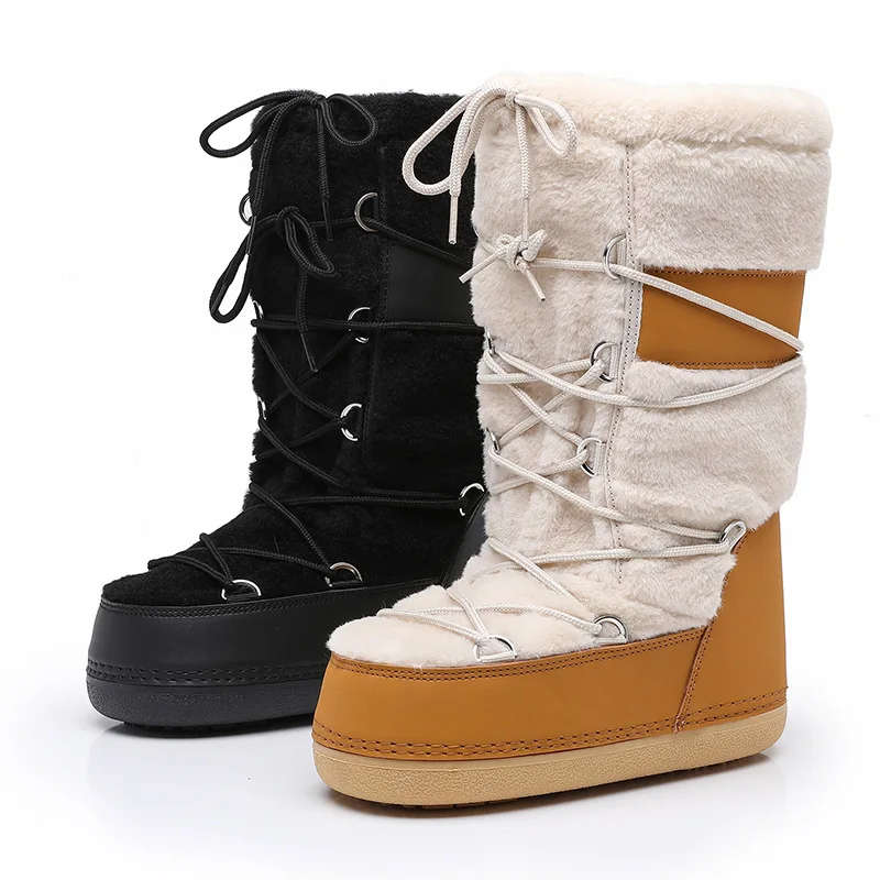 New Thickened Ski Space Boots Sheepskin Fur Patchwork High Top Snow Boots