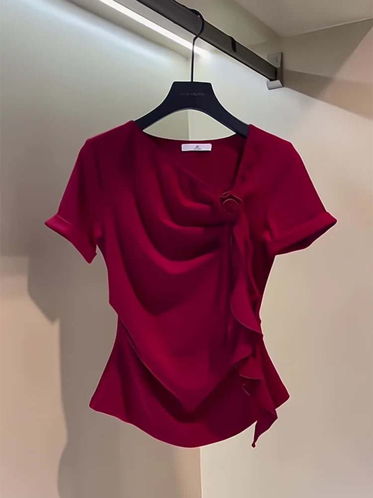 

Slim Fit ort Sve T-irt Korean Sle Commute Faion Casual ort Length V-Ne Top for All Body pes Summer New Arrival